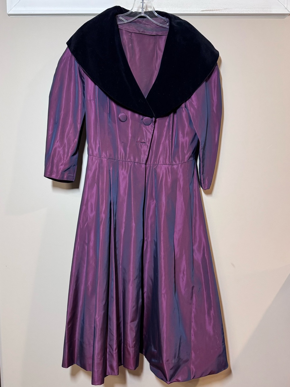 Vintage 1950’s Purple Iridescent Fit-and-Flare Dress with Black Velvet Collar